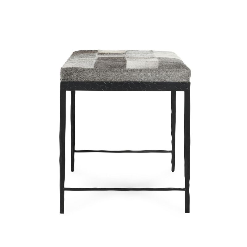 Leif Ottoman Bench with Gray Patchwork Leather Hide, Iron 28 Inch image number 3