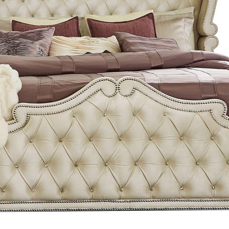 Lino Wood Queen Bed, Opulent Tufted Velvet Upholstery, French Carved, Ivory - Benzara image number 1