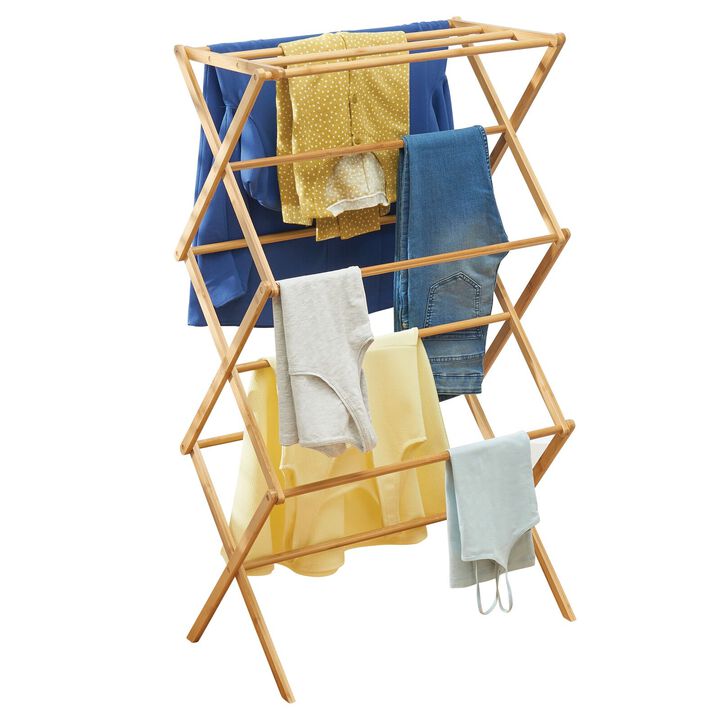 mDesign Bamboo Tall Vertical Portable, Foldable Laundry Drying Rack - Natural