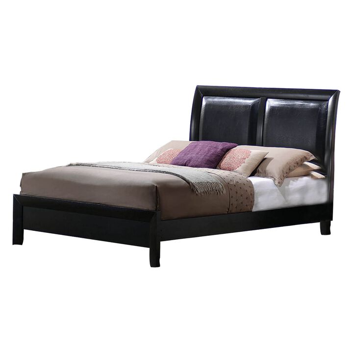 Wooden Eastern King Size Bed with Leather Upholstered Headboard, Black-Benzara