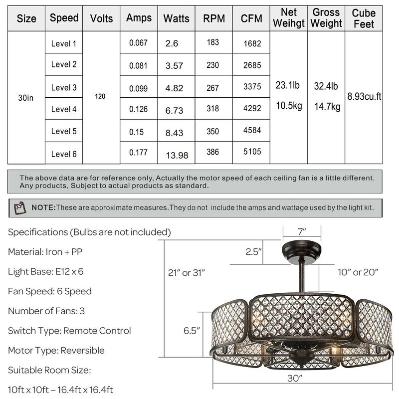 30 Inch Caged Ceiling Fan With Light Crystal Lampshade 6 Light Bases