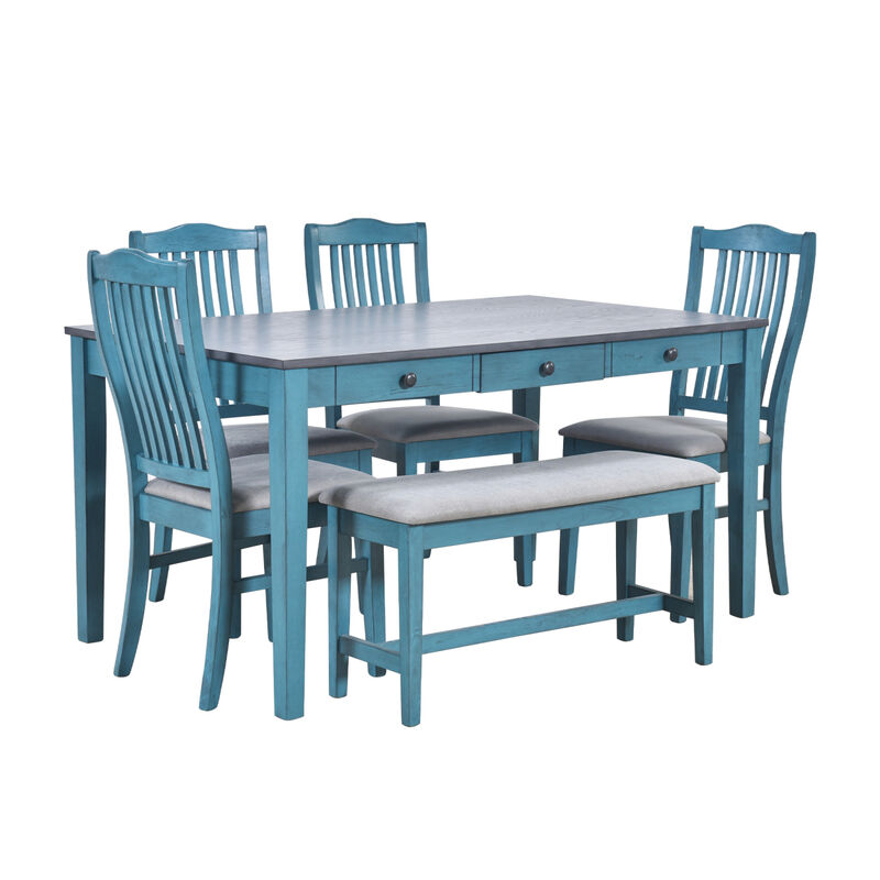 Mid-Century 6-Piece Wood Dining Table Set, Kitchen Table Set with Drawer, Upholstered Chairs and Bench, Antique Blue image number 6