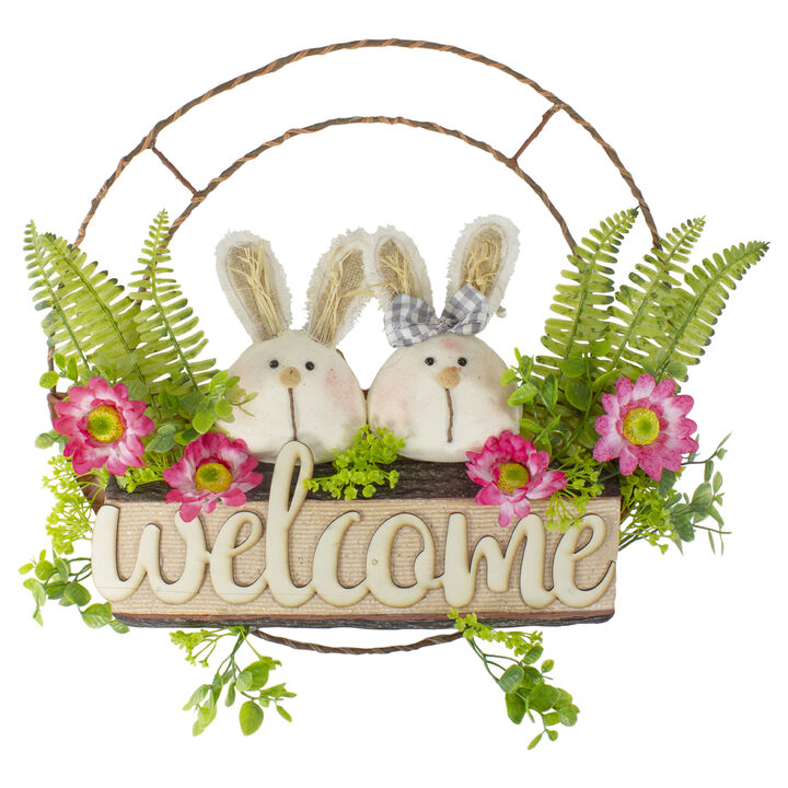 Rabbit Couple "Welcome" Floral Spring Wreath  16-Inch