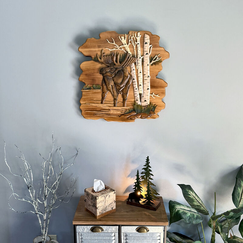 Moose in Birch Forest 23.5 inch Rustic Intarsia Wood Wall Art Sculpture image number 5