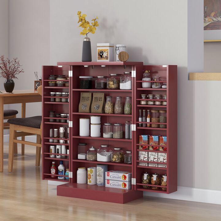 Freestanding Kitchen Pantry, Kitchen Storage Cabinet with 5-Tier Shelf, 12 Spice Racks, Adjustable Shelves, Red