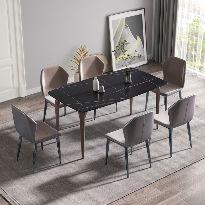 63" Modern artificial stone black curved metal leg dining table -6 people