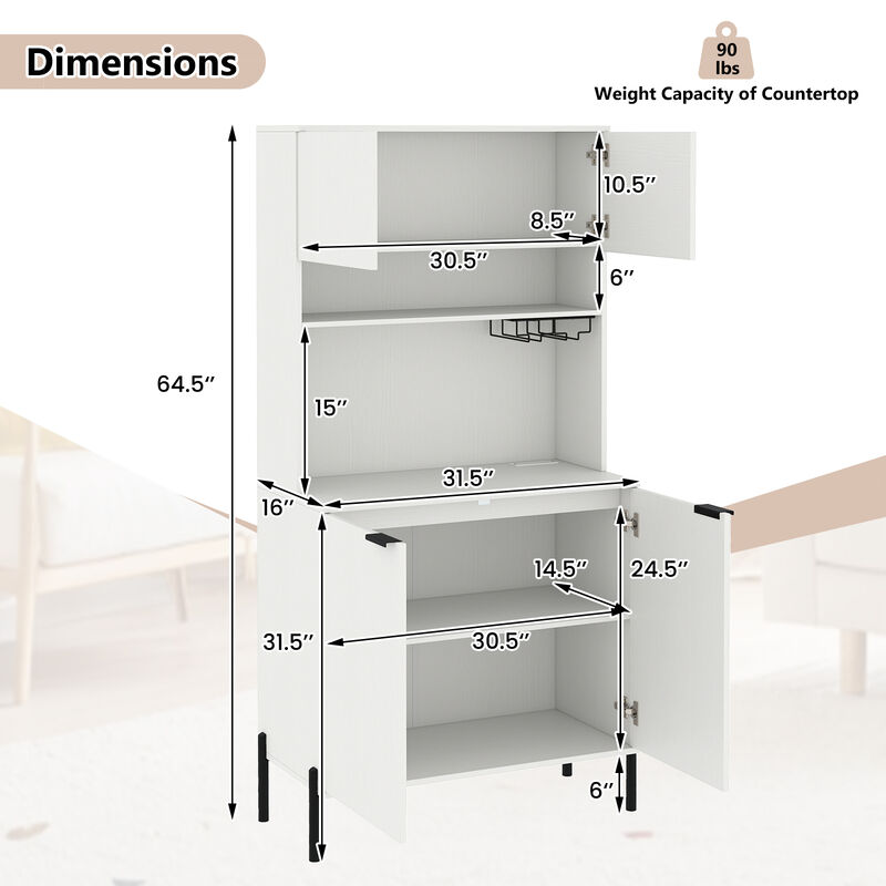Tall Kitchen Storage Cabinet 64.5 Inches with Power Outlet and Wine Glass Rack image number 2