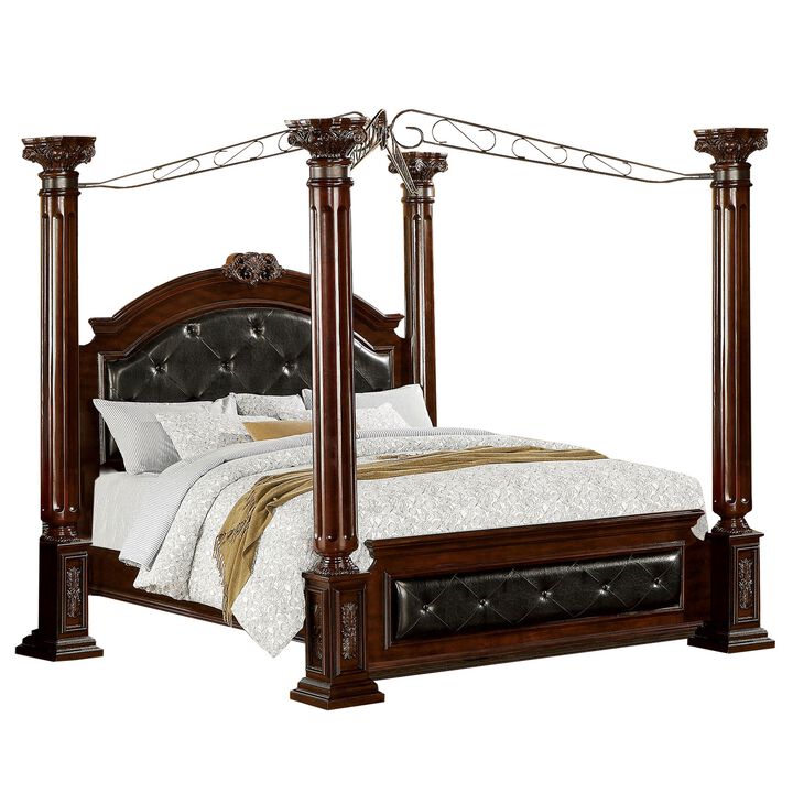 Queen Canopy Bed with Leatherette Headboard and Footboard, Black and Brown-Benzara