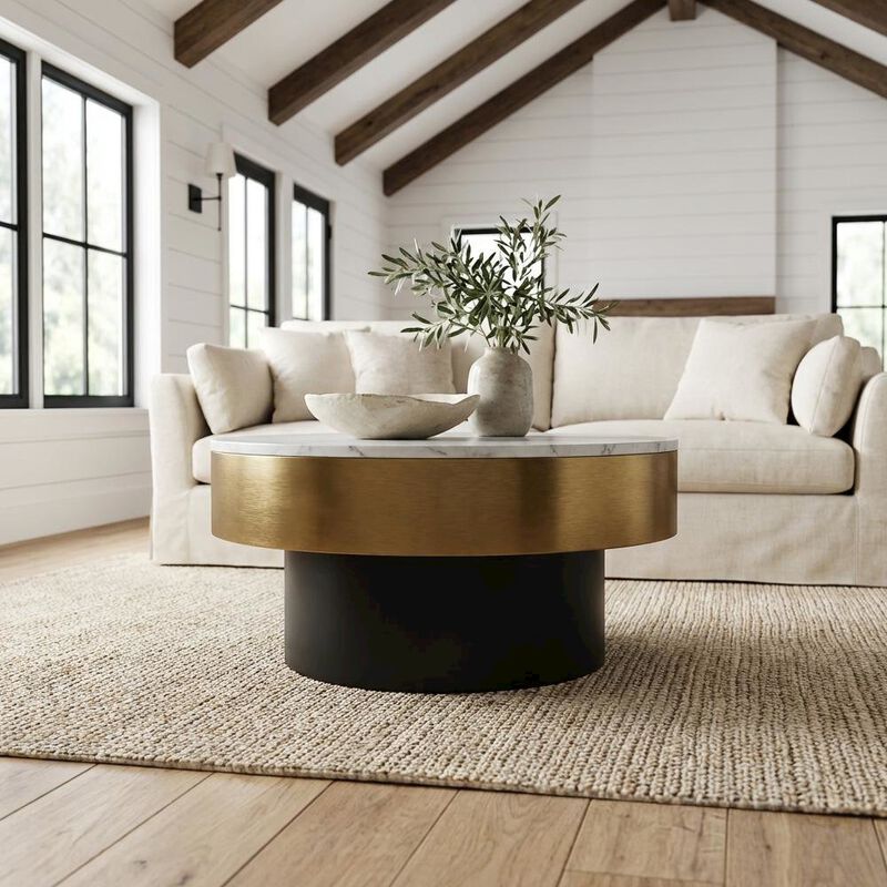 Starlight Canyon Home White Marble Top Coffee Table with Iron Base and Art Deco Design image number 2