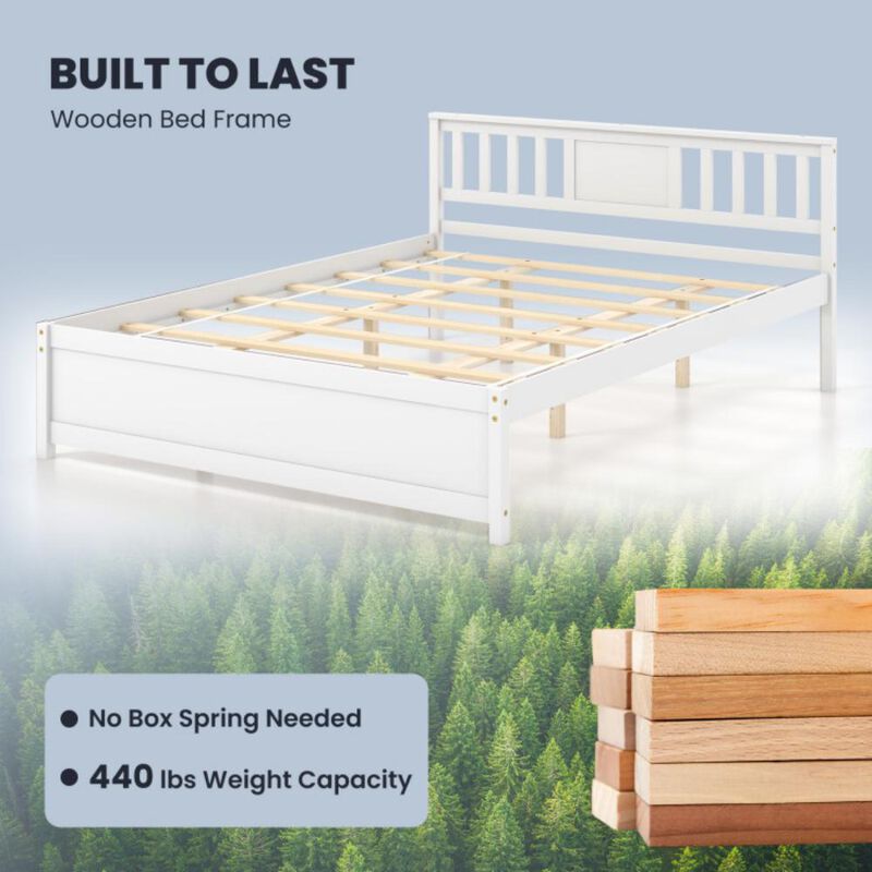 Queen Size Wooden Platform Bed with Headboard and Wood Slat Support For Bedroom Design