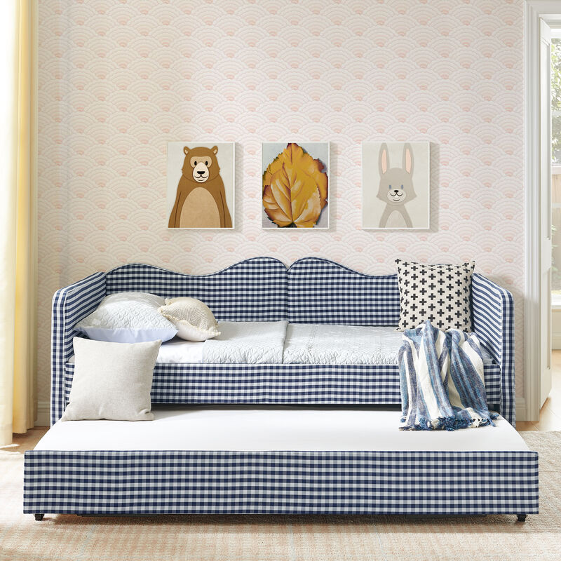 Merax Gingham Daybed with Trundle & Guardrails &ndash; Solid Wood Frame, Side Storage Pocket image number 4