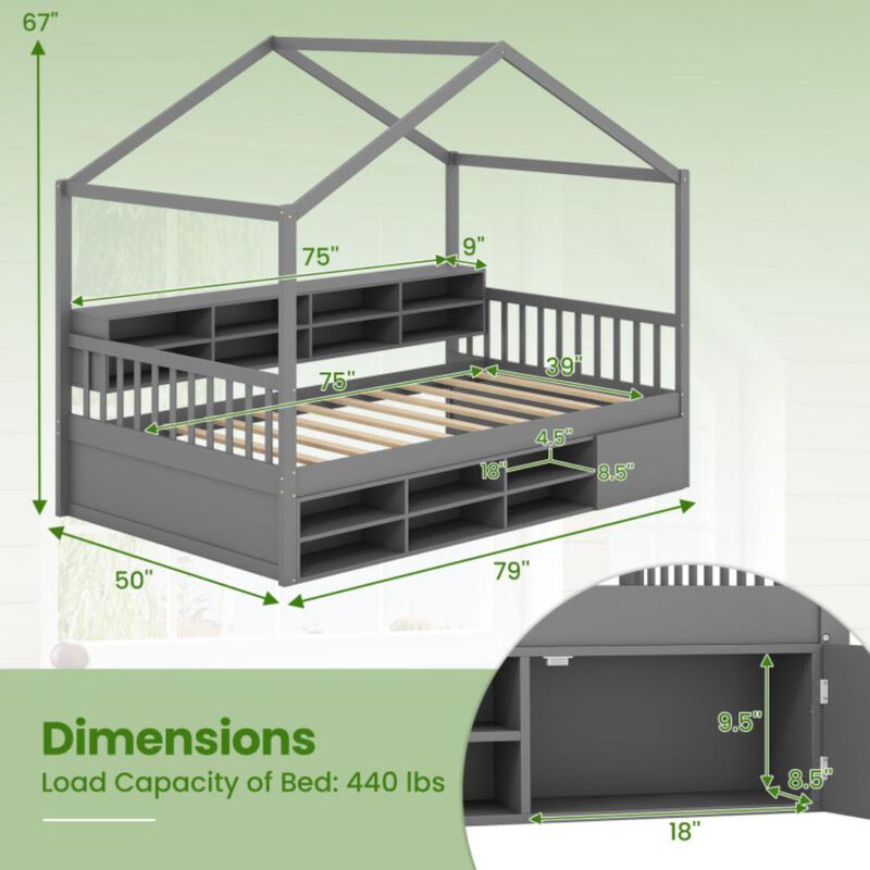 Hivvago Twin Size House Bed with Roof with 14 Storage Cubes and Enclosed Cabinet