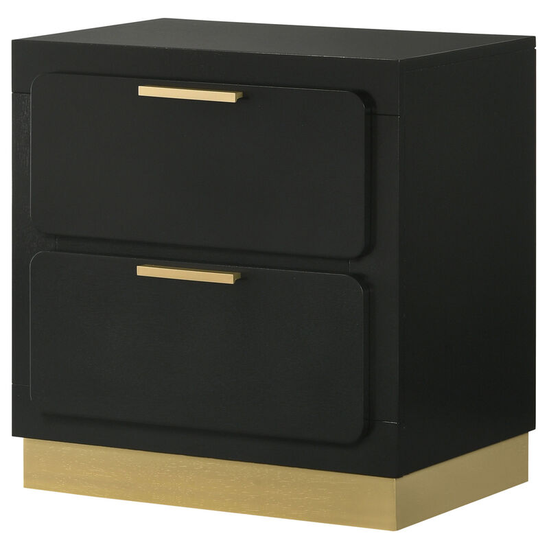 Caer Nightstand, 2 Drawers, Gold Accent Recessed Base, Bar Handles, Black - Benzara