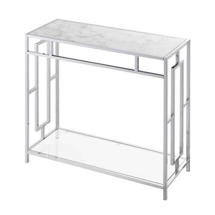 Convenience Concepts Town Square Chrome Faux Marble Glass Entryway Hall Table with Shelf