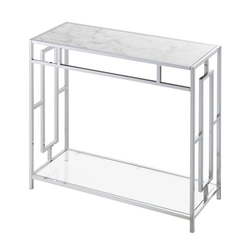 Convenience Concepts Town Square Chrome Faux Marble Glass Entryway Hall Table with Shelf