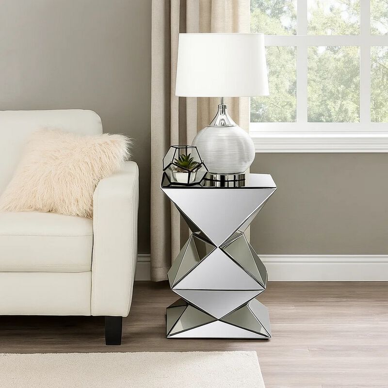 20 Inch Modern End Table, Square Mirror Top, Silver Geometric Pedestal Base