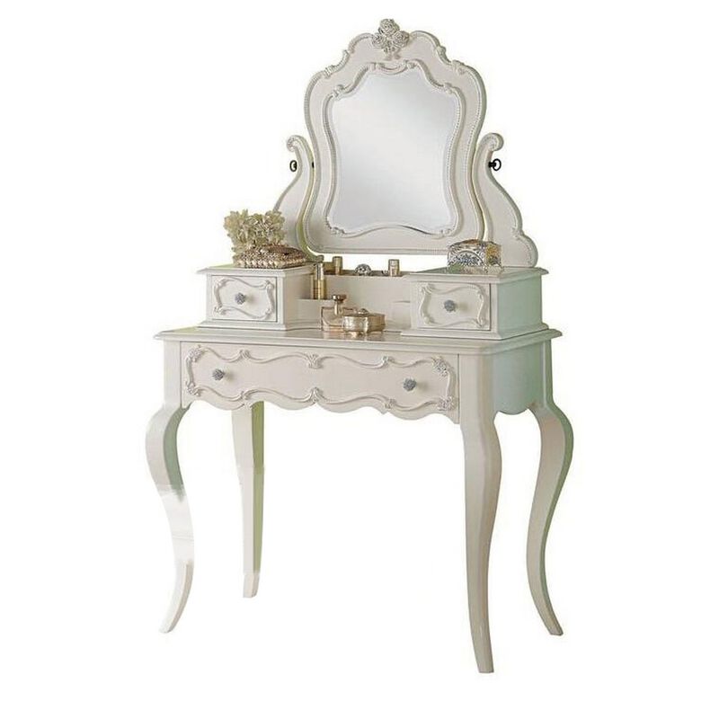 63 Inch Wood Classic Vanity Desk with Mirror, 3 Drawers, Carved, White