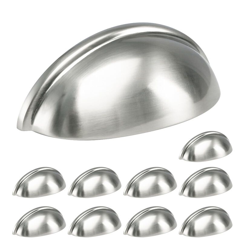 HOMOTEK 10 Pack Drawer Bin Cup Pulls Dresser Pulls for Cabinets Shiny Bright Brushed Satin Nickel - 3 Inch Hole Centers Furnitur