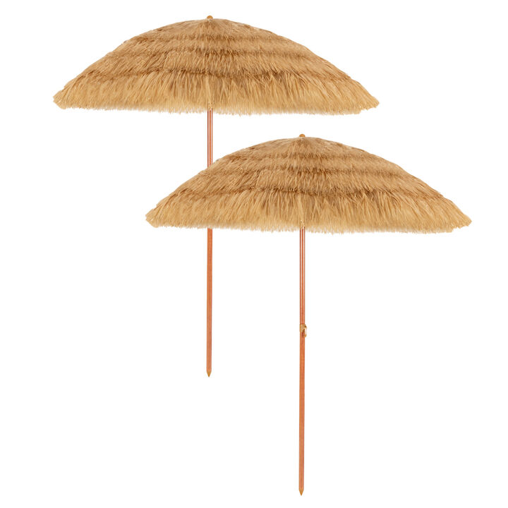 6.5 Ft Beach Umbrella Set of 2 with Adjustable Tilt Thatched Design for Garden Patio