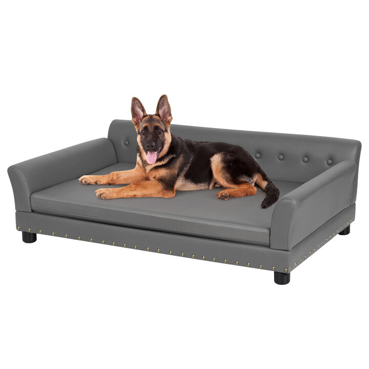Leather Dog Couch Sofa Pet Bed w/ Copper Nail Wooden Frame For Large Dog Grey