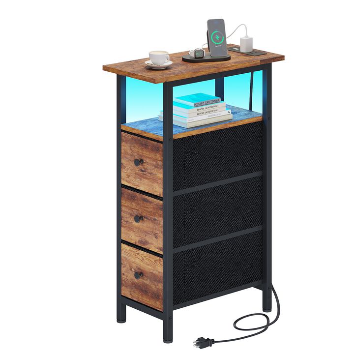 TRIFEBLE End Table with Charging Station, Narrow Side Table with 3 Fabric Drawers, Skinny Nightstand with LED Light, Slim Bedsid