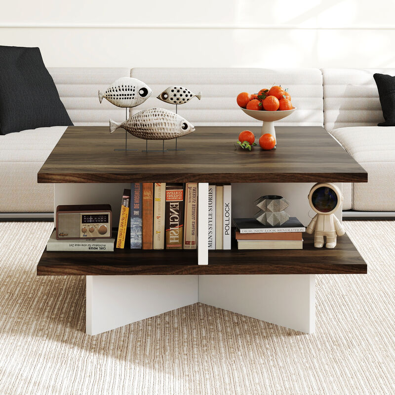 Functional Square Coffee Table with Dual Shelves and 4 Open Storage Sections