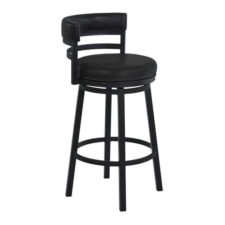 Eva 30 Inch Swivel Bar Stool Chair, Vegan Faux Leather, Curved Back, Black-Benzara