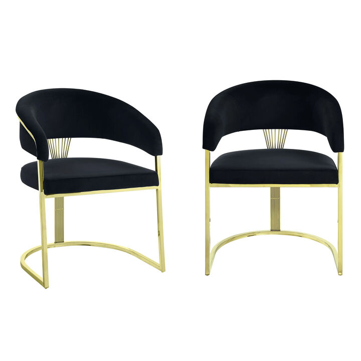 Verie 22 Inch Side Dining Chair Set of 2, Gold Base, Padded Black Velvet - Benzara