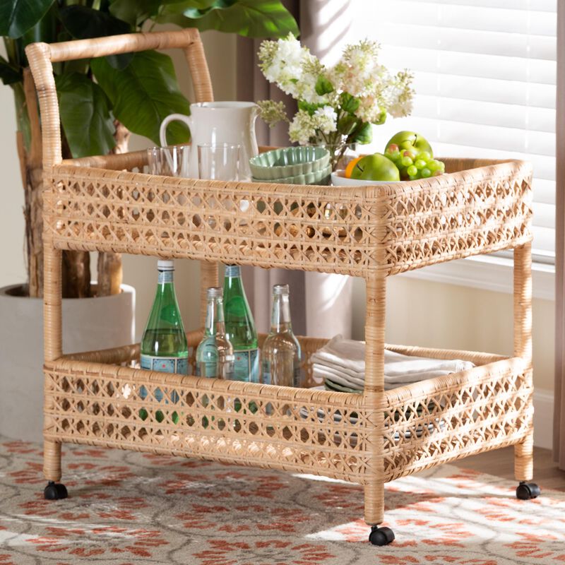bali & pari Alaina Natural Rattan Kitchen Cart - 2-Tier Handwoven Wicker Storage Trolley with Handle for Kitchen or Lounge image number 7
