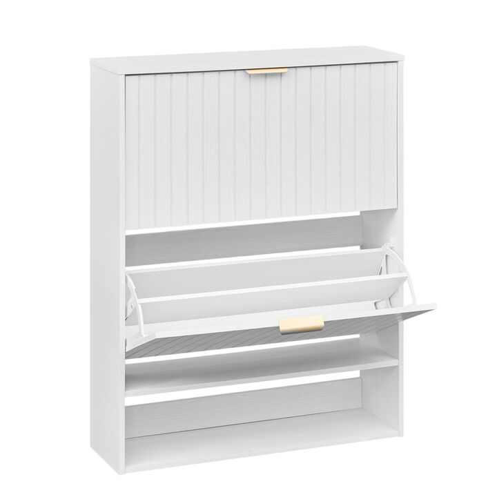 Modern Fluted Shoe Cabinet with Flip Drawers and Open Storage