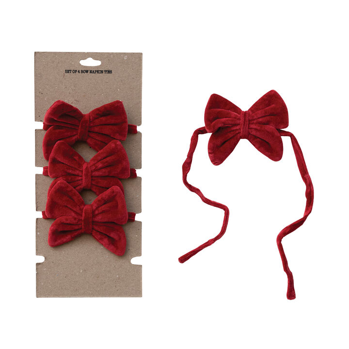 Red Cotton Velvet Bow Napkin Ties, Set of 4
