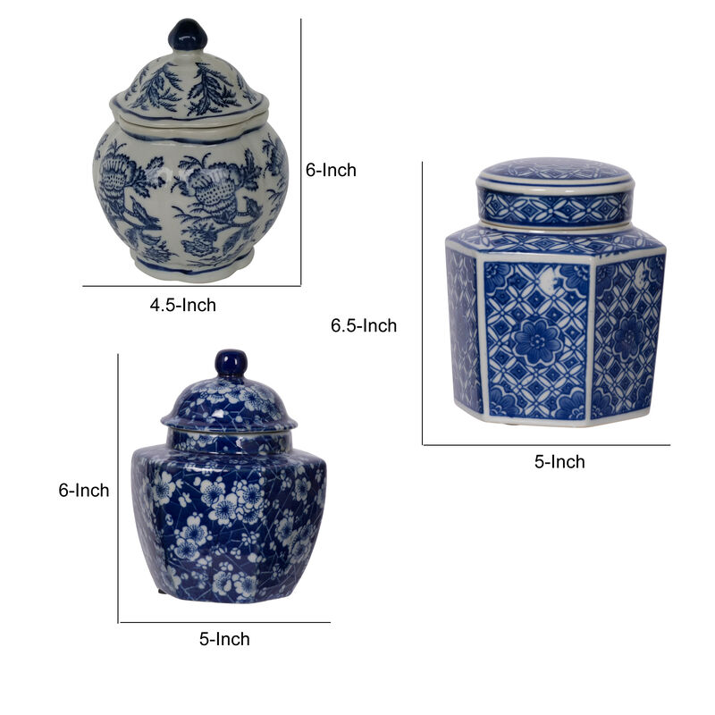 6, 6, 7 Inch Lidded Jars, Persian Inspired Blue Flowers, Curved, Set of 3 - Benzara