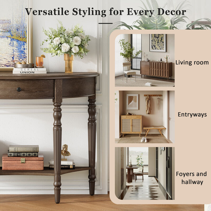 Merax Space-Saving Half-Moon Entryway Table with Storage Drawer & Lower Shelf image number 3