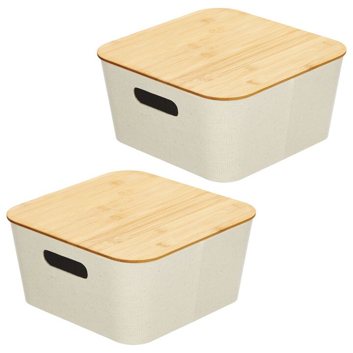 mDesign Modern Stackable Fabric Covered Bin with Bamboo Lid, 2 Pack, Cream/Beige