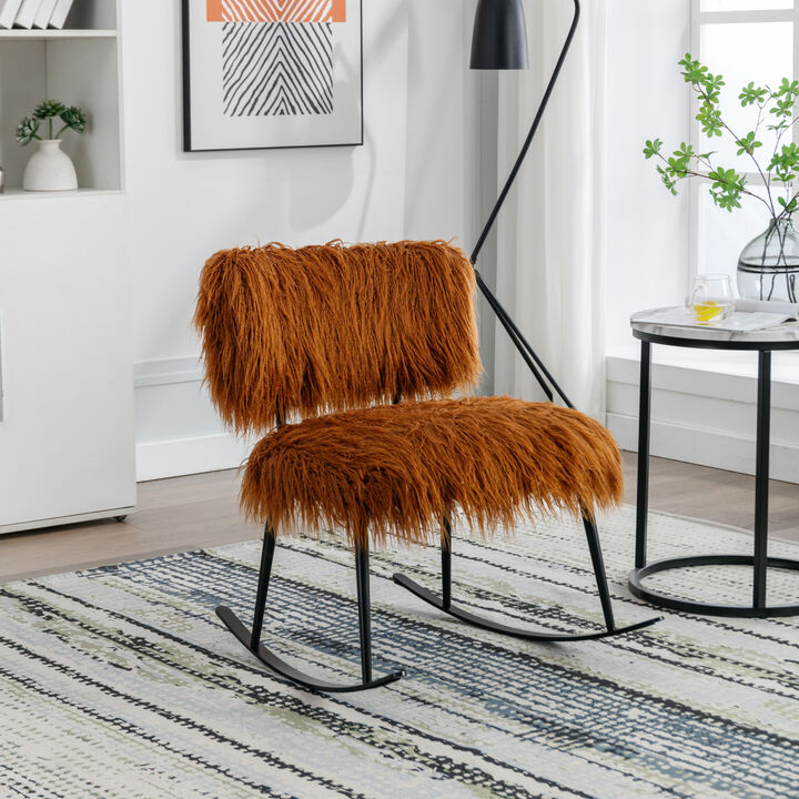 25.2" Wide Faux Fur Plush Nursery Rocking Chair, Baby Nursing Chair with Metal Rocker, Fluffy Upholstered Glider Chair, Comfy Mid Century Modern Chair for Living Room, Bedroom (Caramel)