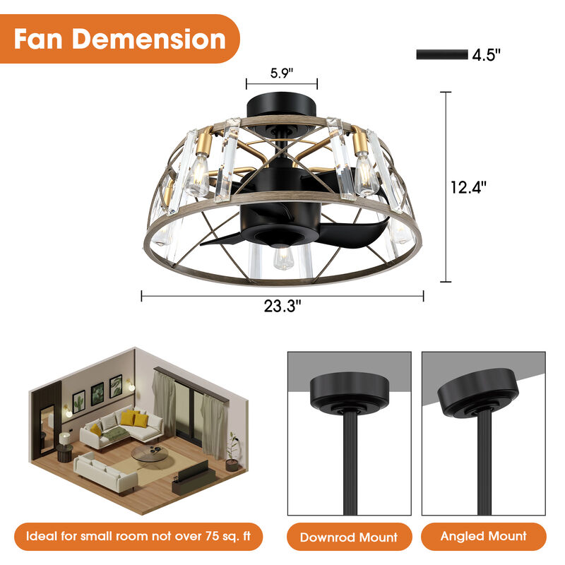 23" Modern Matte Black Reversible Caged Ceiling Fan with Light and Remote image number 4