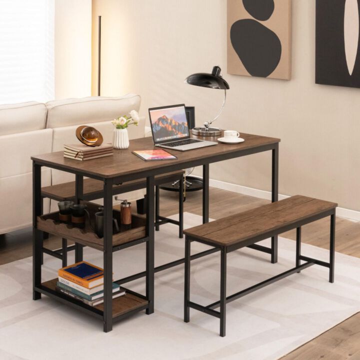 Hivvago 3 Pieces Dining Table Set for 4 with Wine Rack-Brown