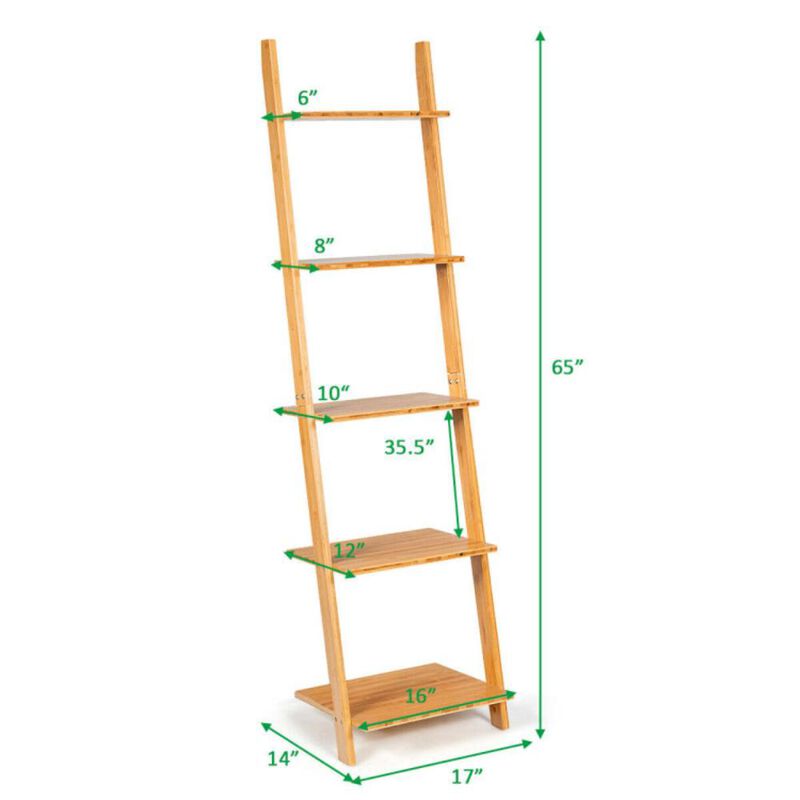 Hivvago 5-Tier Modern Bamboo Wall-Leaning Display Ladder Bookshelf