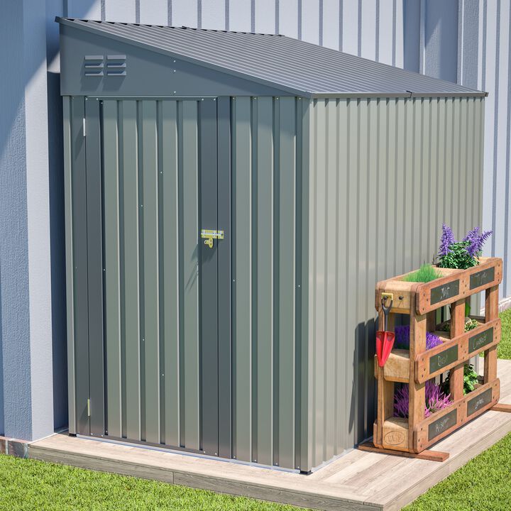 4x7 FT Olive Grey Lean-To Steel Shed, All-Weather Outdoor Storage with Vents & Lockable Doors