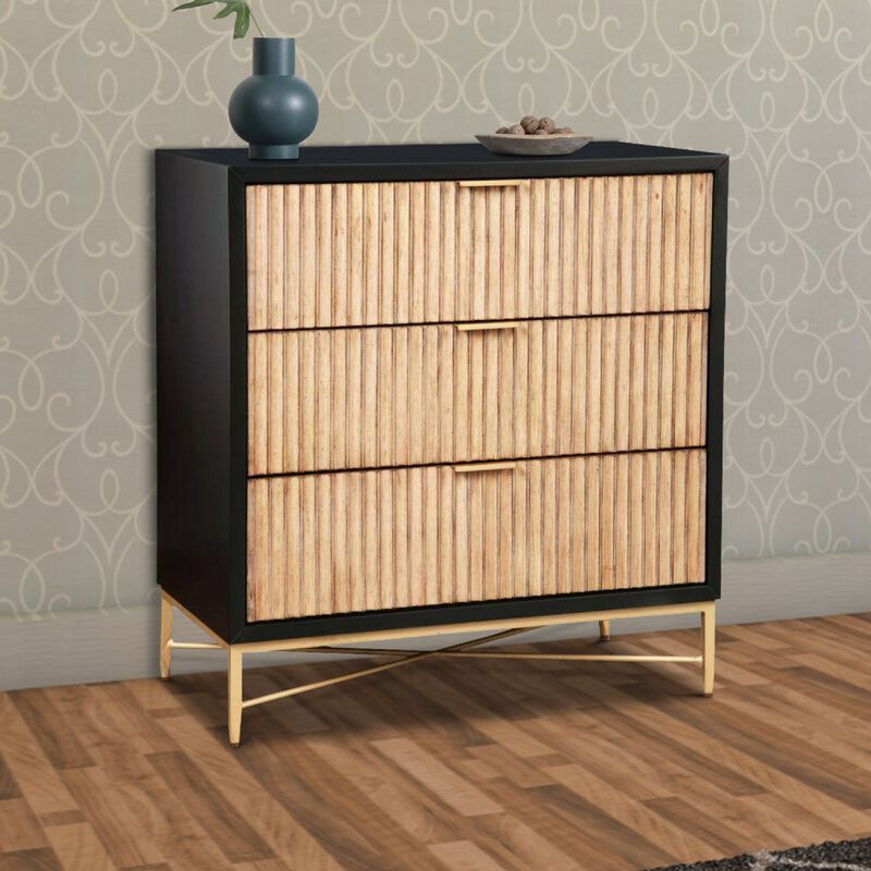 Accent Chest with 3 Corrugated Drawers and Metal Base, Black-Benzara