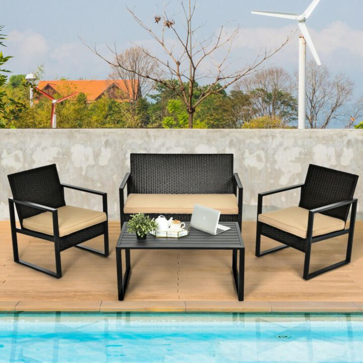 Hivvago 4 Pieces Patio Rattan Furniture Set with Seat Cushions and Coffee Table
