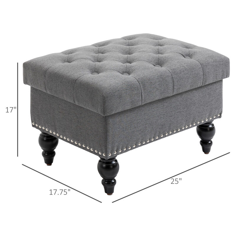 HOMCOM Ottoman with Storage for Living Room, 25" Storage Ottoman with Removable Lid, Button-Tufted Fabric Bench for Footrest and Seat with Wood Legs, Gray