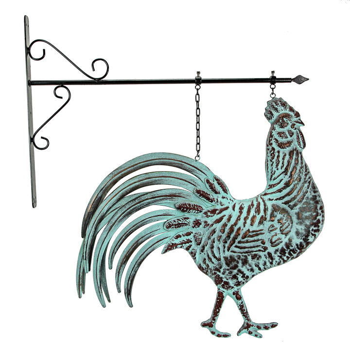 33.5 inch Verdigris Rooster Hanging Metal Wall Sculpture with Wall Bracket