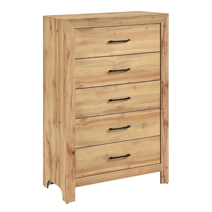 Eby Tall Dresser Chest, 5 Drawers, Black Nickel Handles, Natural Brown