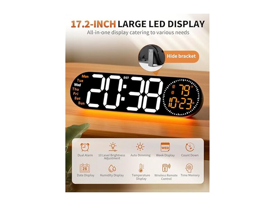 Digital Color Changing Remote Control Date Wall Clock 2 Inch Glow In Dark Orange