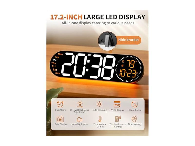 Digital Color Changing Remote Control Date Wall Clock 2 Inch Glow In Dark Orange image number 1