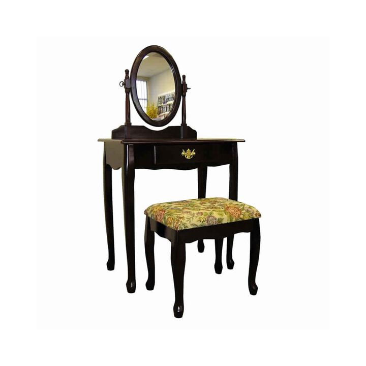 Benjara  Wooden Vanity Set with Fabric Upholstered Seat  Cherry  & Yellow  51 x 15.75 x 28 in.