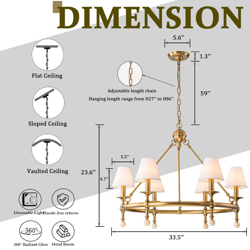6-Light W34 Inch Warm Brass Statement Chandelier Unique Classic Lighting with White Fabric Lamp Shades and Alabaster Finials for Dining Room Living Room image number 6