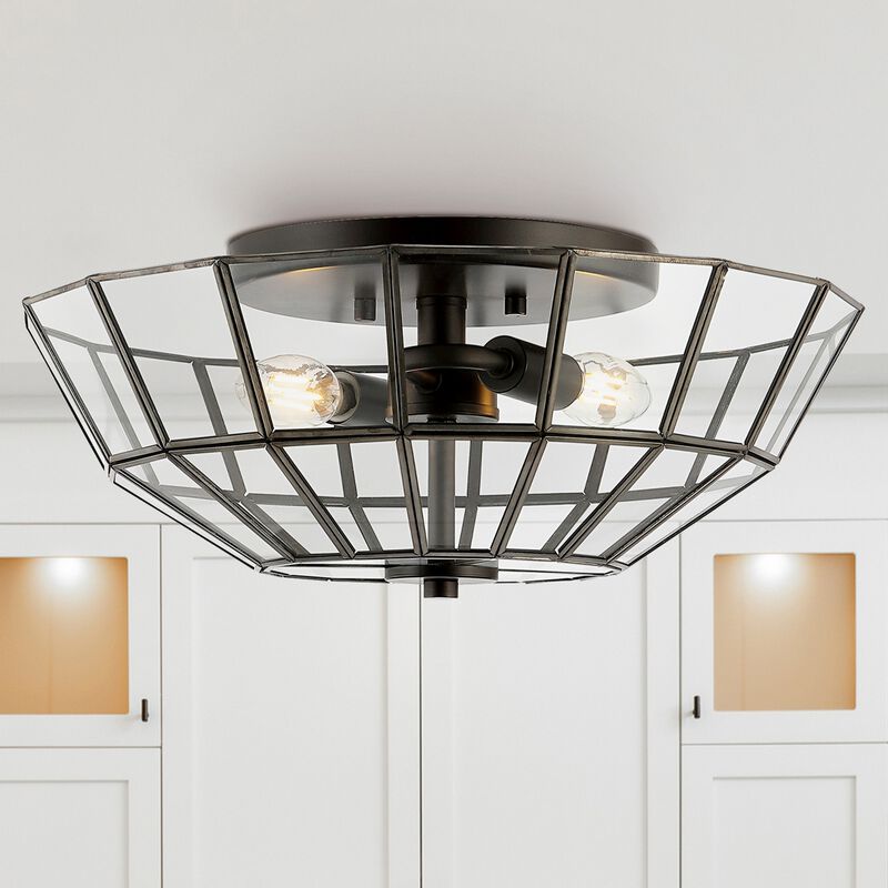 Theo 2-Light Farmhouse Rustic Iron/Glass LED Semi Flush Mount