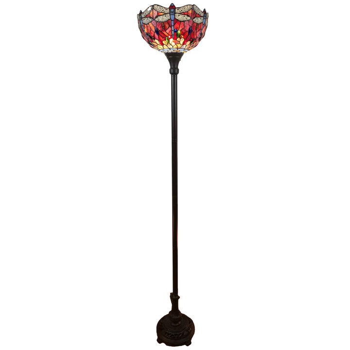 Hivvago 69" Black And Red Torchiere Floor Lamp With Red Dragonfly Glass Dome Shade